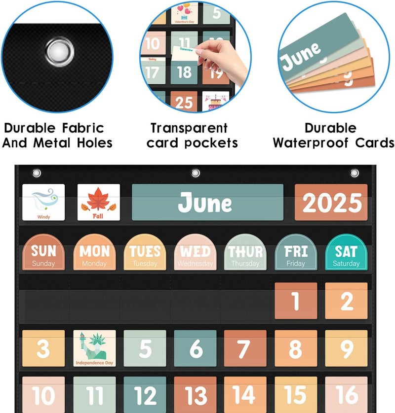 Jenlan Large Calendar Pocket Chart, Calendar Learning Classroom Calendar Pocket Chart with 115 Cards for Classroom Calendar and Weather Pocket Chart for Home Kindergarten Learning(Black) - Image 3